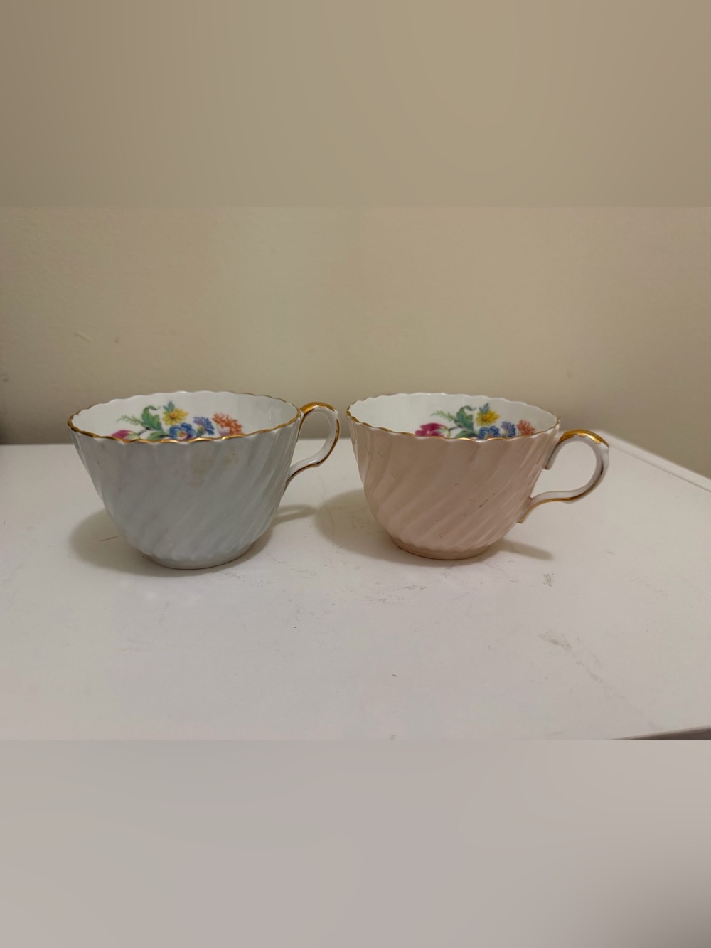 Aynsley China Tea Cup Pair Pale Blue Swirl Gold Trim White Floral Interior